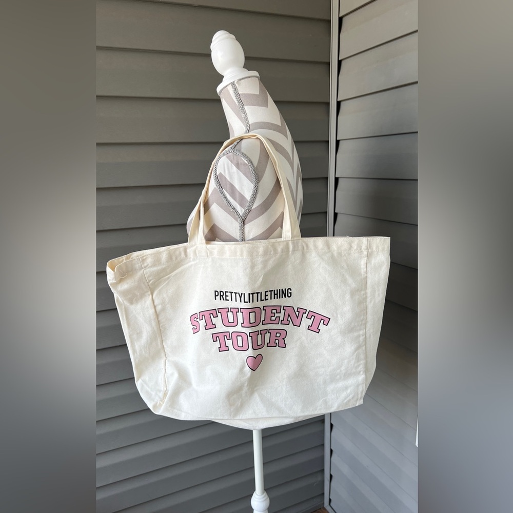 PrettyLittleThing “Student Tour”Cotton Cream Tote Bag One Size